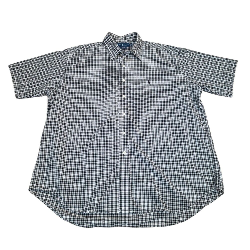 Vintage Ralph Lauren Blake XL 90s Gray Gingham Plaid Cotton Big Fit SS Button Up
